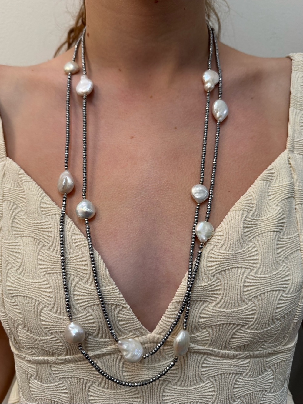 Lucas Lameth 60” Sterling Silver Hematite & Coin Pearl Station Necklace Vintage